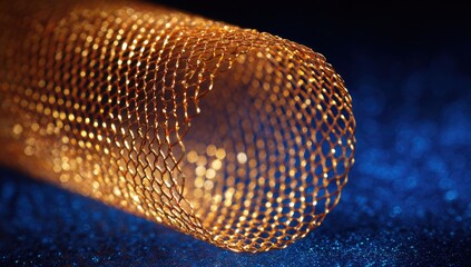 Golden, honeycomb-like, metallic tube.  Close-up view.  Dark background.  Abstract