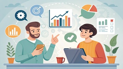 Two professionals discussing financial charts and data analysis in a modern office setting