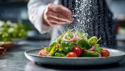 Chef sprinkling salt over a vibrant salad