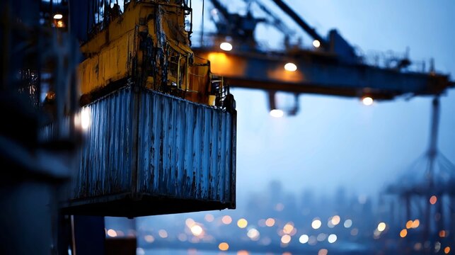 Close-up view of a large shipping container being lifted by a yellow gantry crane at a busy port terminal during dusk. - Powered by Adobe