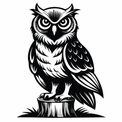 Striking Black and White Owl Illustration Perched on a Tree Stump Graphic Design