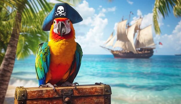 colorful parrot wearing a pirate hat with a skull and crossbones emblem, perched confidently on an old, weathered treasure chest