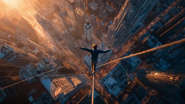  Balancing Act in the Sky: A person fearlessly walks a tightrope high above a sprawling cityscape, showcasing courage, and the thrill of risk-taking. 