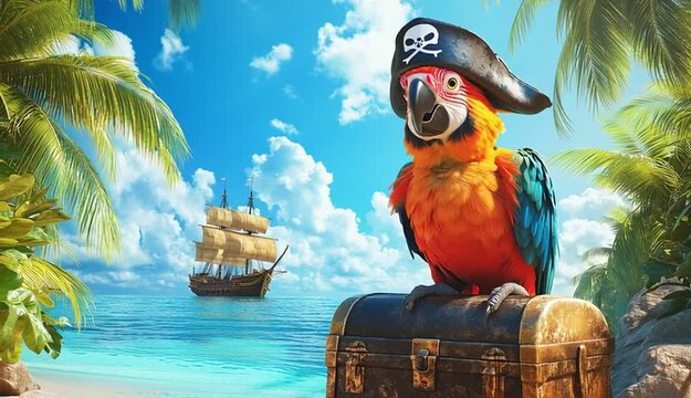 colorful parrot wearing a pirate hat with a skull and crossbones emblem, perched confidently on an old, weathered treasure chest