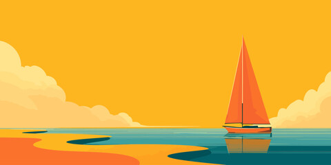 Naklejka premium Vibrant minimalist illustration of an orange sailboat on calm teal water at sunset.