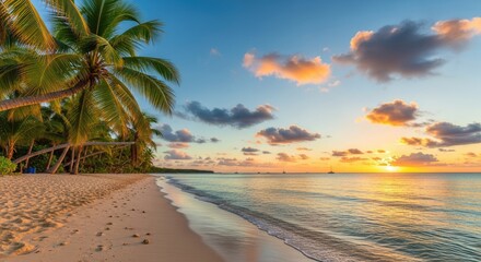 Fototapeta premium Tropical beach at sunset with palm trees, golden sand, and calm ocean waves under a colorful sky.