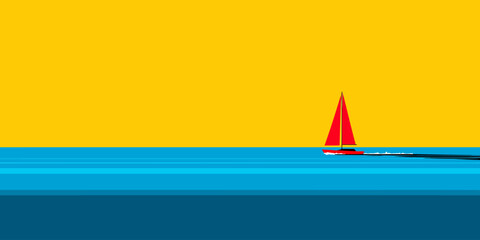 Vibrant red racing sailboat with a tall mainsail, depicted in a minimalist graphic style.