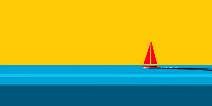 Vibrant red racing sailboat with a tall mainsail, depicted in a minimalist graphic style.