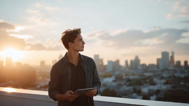 Urban Explorer: A modern man gazes at a cityscape, with an innovative tablet in hand, observing a horizon as the sky shifts into warm hues of the setting sun.