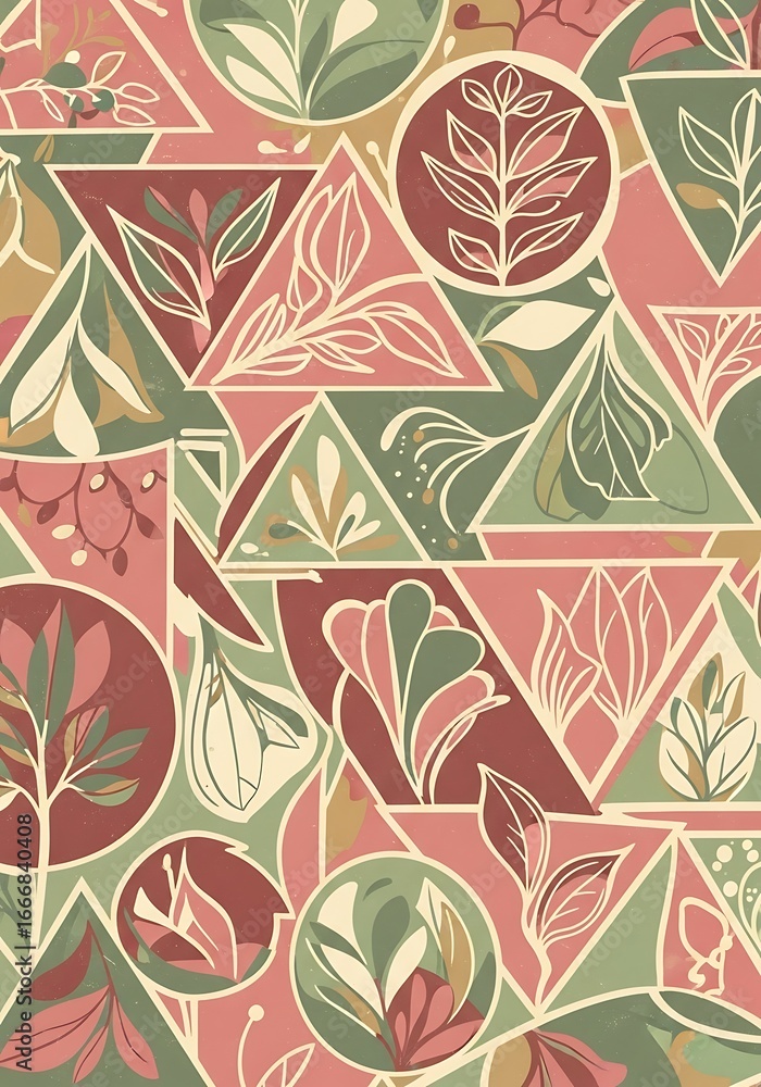 Poster botanical geometry: a mosaic of floral illustrations within triangles and circles creating an intric