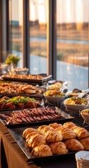 Buffet spread with assorted pastries, sandwiches, and salads, viewed from slightly above. 