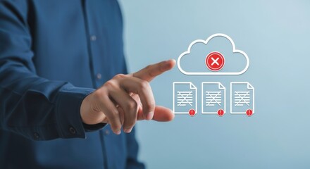 A person pointing at a cloud with an x and three document icons with errors
