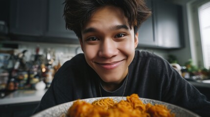 Smiling young man enjoying delicious food at home cozy kitchen vibe