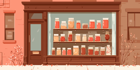 Charming illustrated storefront with a window display of colorful jars of preserves on wooden shelves.
