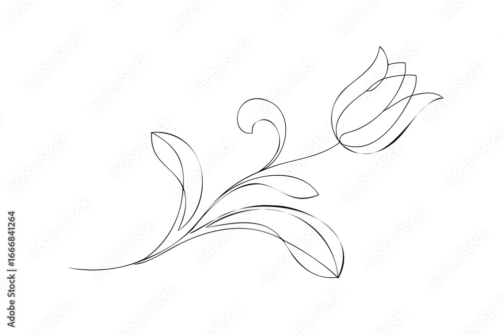 Poster minimalist continuous line drawing a single tulip with leaves stem continous line