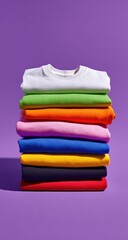 A stack of folded t-shirts in vibrant colors against a purple background
