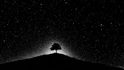 Silhouetted tree on hilltop under starlit night sky