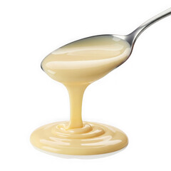 Sweet condensed milk pouring from a spoon, isolated on transparent background