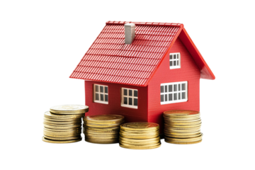 Red toy house with stacks of gold coins isolated on transparent background