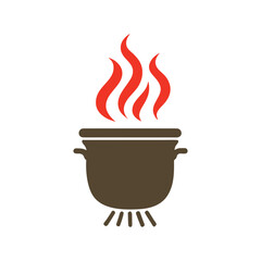 Brown cooking pot with red flames and heat lines food