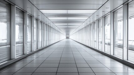 Obraz premium A long, empty corridor with glass walls, leading to a bright light at the end, with a white ceiling and floor, and a few windows on the walls.