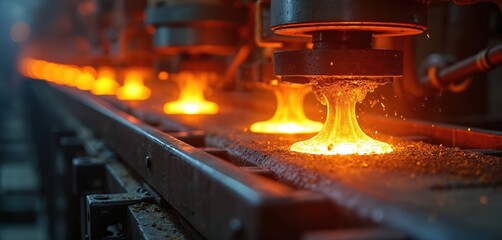 Hot metal billet moves along conveyor belt. Press machinery shapes glowing material. Industrial facility produces quality metal products. Steel, aluminum manufacturing operations. Automation system