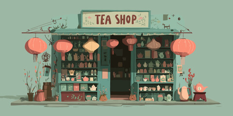 Charming illustrated Asian tea shop storefront with hanging paper lanterns and shelves of ceramic teapots.