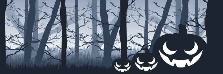 A collection of spooky jack-o'-lanterns with glowing faces in a mysterious foggy blue woodland perfect for a modern Halloween celebration banner.
