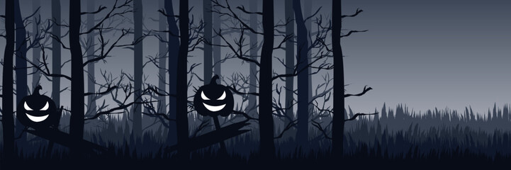 A modern. flat design Halloween banner featuring a scary forest and glowing pumpkins in the mist. a versatile background for holiday celebrations.