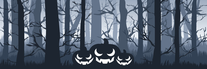 A panoramic vector banner of a spooky Halloween forest with glowing jack-o'-lanterns in the mist ideal for a website header or presentation background.