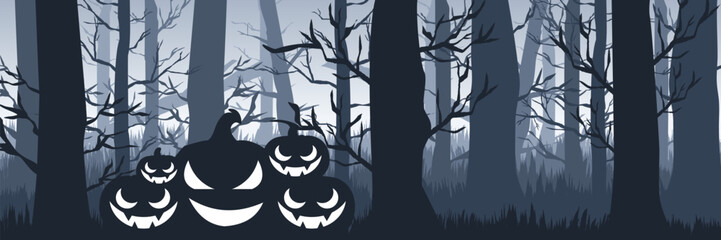 Haunted Halloween background featuring a group of scary glowing pumpkins in a dark misty forest at night. a wide-screen vector illustration.