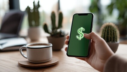 A hand holds a phone displaying a glowing green dollar sign.  A coffee cup and potted succulents are visible in the background