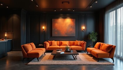 Luxurious living room features dark walls, vibrant orange furniture, atmospheric lighting. Sleek sofas, chairs, coffee table create stylish lounge area. Abstract artwork, elegant sconces enhance