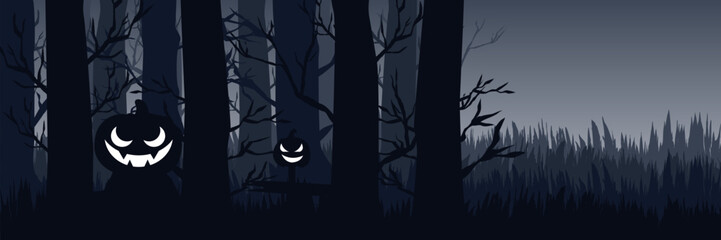 A scary jack-o'-lantern peeking from a dark. foggy forest at night. a modern grey monochromatic Halloween header for websites and marketing.