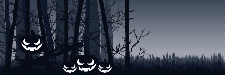 Spooky vector illustration of a haunted forest with dead trees and glowing pumpkin silhouettes. a minimalist horror backdrop for a Halloween party.