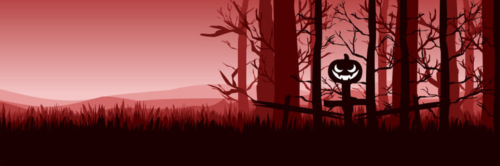 A creepy jack-o'-lantern scarecrow in an abandoned cemetery a wide-screen red horror background with copy space for creative agency ads.