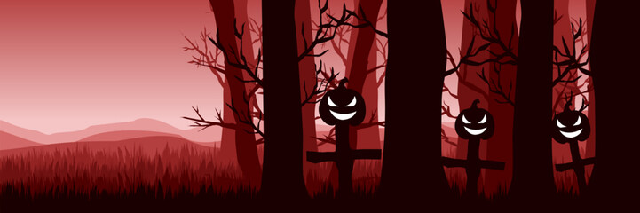 Scary Halloween background featuring a bloody red sky over a spooky forest and cemetery with abandoned tombstones and jack-o'-lanterns.