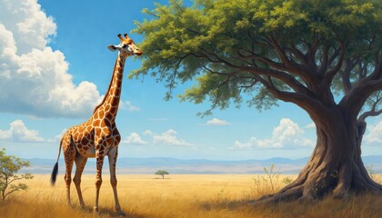 Majestic giraffe grazes on leaves from large acacia tree. Set in sunny African savanna landscape with golden dry grass, clear blue sky with fluffy clouds. Scene captures wild nature, animal behavior