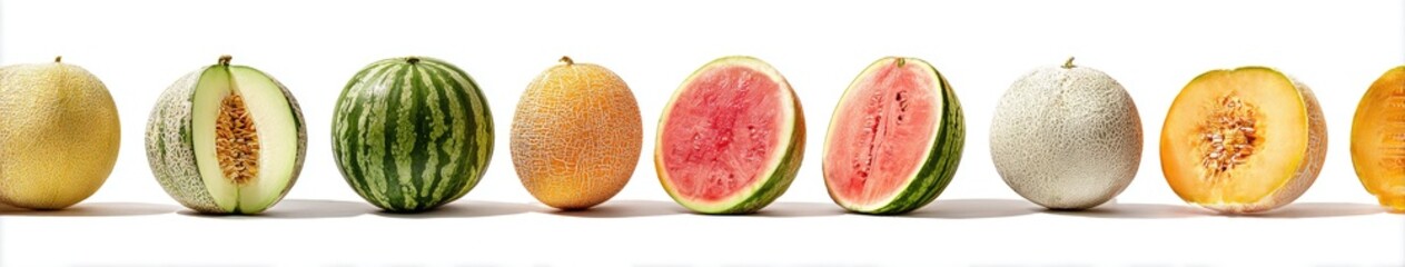 Assorted melon and watermelon slices against a white background (1)
