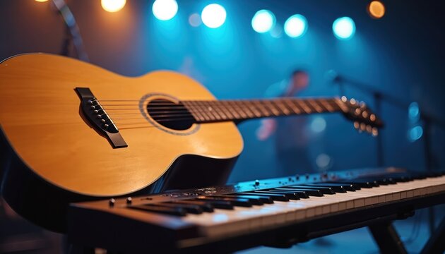 Close-up of acoustic guitar and keyboard on stage with blurred background lights. Musical instruments ready for live performance. Entertainment, music show, concert vibes, artistic expression.