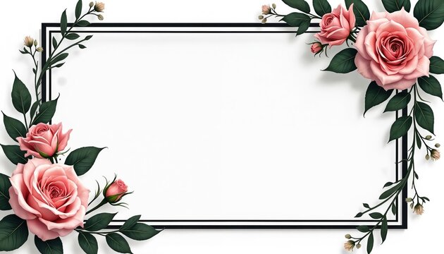 Elegant floral wreath frame with pink roses, green leaves on white background. Sophisticated design suitable for mourning cards, memorial services, sympathy messages. Vintage illustration style with
