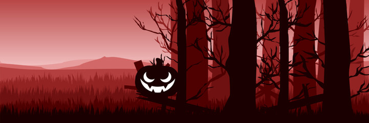 A panoramic vector banner of a haunted graveyard at night with glowing pumpkins and a blood-red sky ideal for a horror website header.