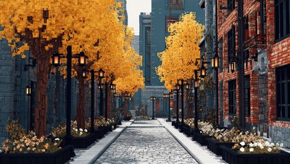 A stylized, pixelated city street lined with vibrant golden trees, brick buildings, and dark lamp posts.  Cobblestone pathway, planters with flowers, and a sense of autumnal tranquility
