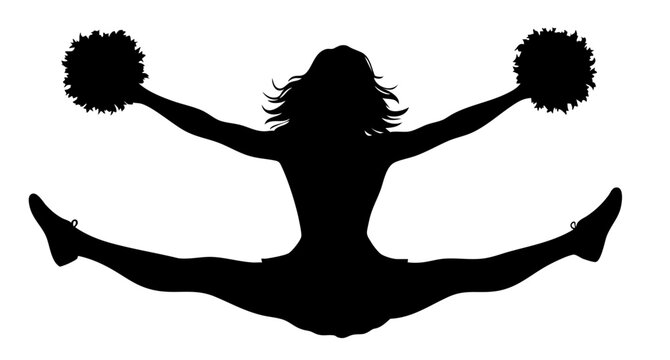 Cheerleader silhouette in energetic jump with pom poms, wide split pose, team spirit, support chants, motivation and lively crowd performance