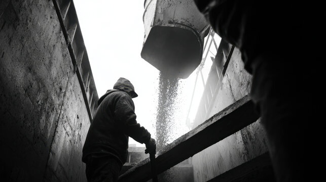 Worker guiding concrete from chute into formwork in gritty black and white construction scene