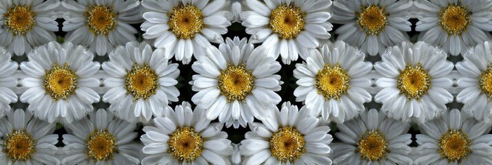 A repeating pattern of white daisies with yellow centers, arranged in a symmetrical grid.  The image has a mirrored, kaleidoscopic quality