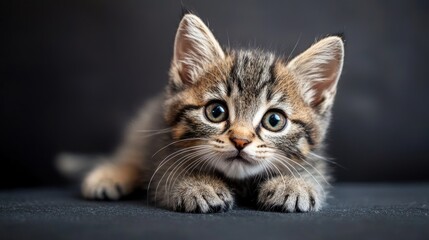 Fototapeta premium A curious kitten with striped fur, lying on a dark surface with its front paws raised, looking up with wide eyes and a slightly open mouth
