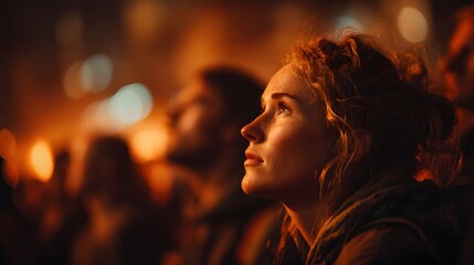 Fototapeta premium Woman gazing thoughtfully upward in warm, vibrant night setting