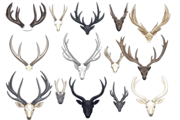 Collection of deer antlers and skulls isolated on transparent background