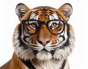Obraz premium A tiger wearing glasses, showcasing a humorous and playful combination of wild beauty and intellectual charm.